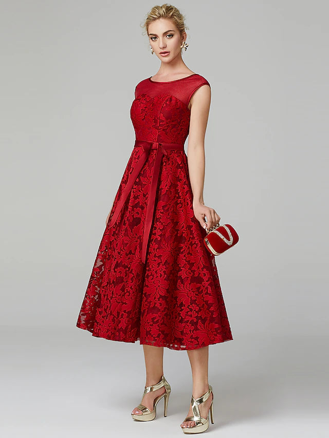 Luolandi A-Line Elegant Dress Cocktail Party Tea Length Sleeveless Illusion Neck All Over Floral Lace